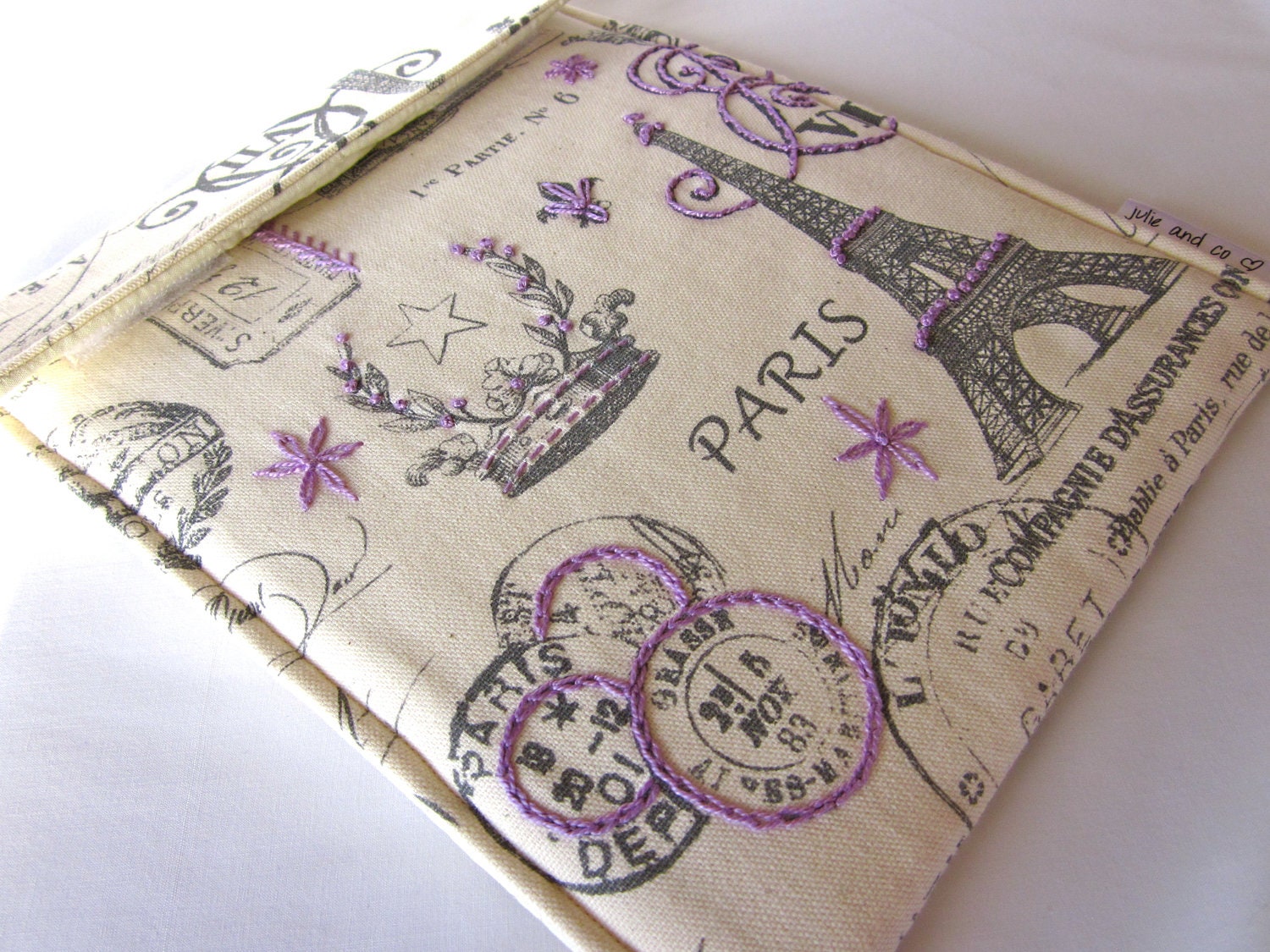 iPad cover - hand embroidered gadget tablet case - Eiffel Tower Purple Paris France feminine woman girl lady teen