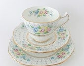 Hand Painted China Tea Set.  1950s China Tea cup.  English Bone China Tea Cup,  Saucer and Plate. China Trio. Pastels. Tea for One.