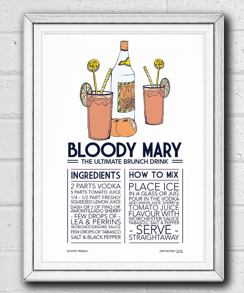 Print Cocktail Recipe Bloody Mary Vintage Art Deco Style Typographic Kitchen Wall Art Gift