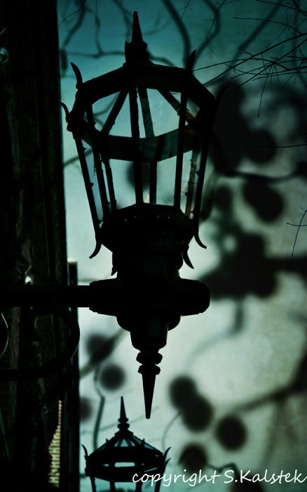 Street Lantern Photograph Historical Gas Lantern Ghostly Tree Shadows  Black Muted Blue Wall art 8x12