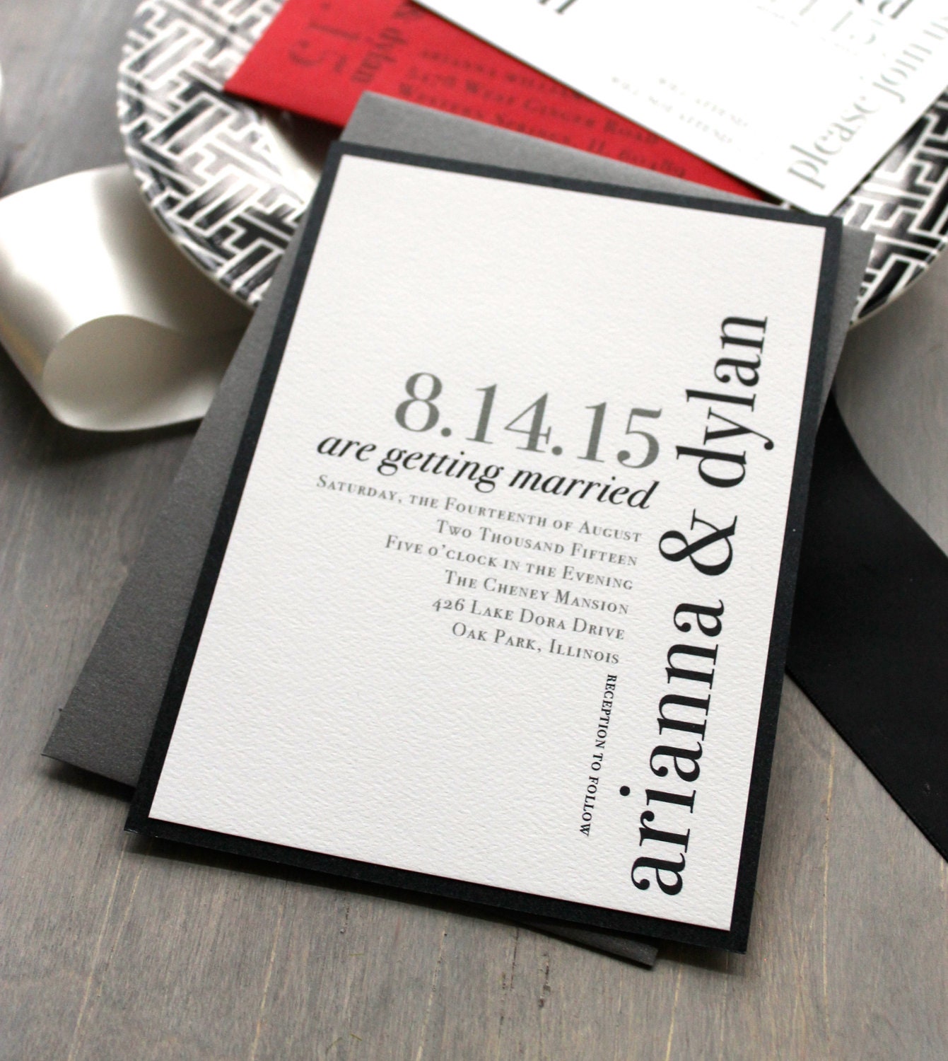 Urban Elegance - Modern Wedding Invitations, Elegant, Black and White, City Chic, Gray, Red  - Sample