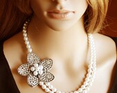 LETITIA, Bridal Necklace, SWAROVSKI Crystal and Pearl Necklace, Vintage Style Wedding Necklace, Asymmetrical Rhinestone Flower Necklace