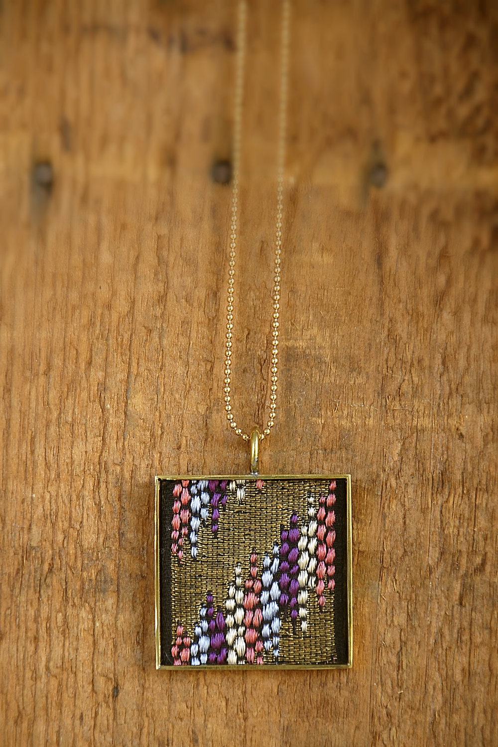 Handmade Vintage French Ribbon Pendant Necklace with Gold, Purple, Red & Blue motif on Gold chain