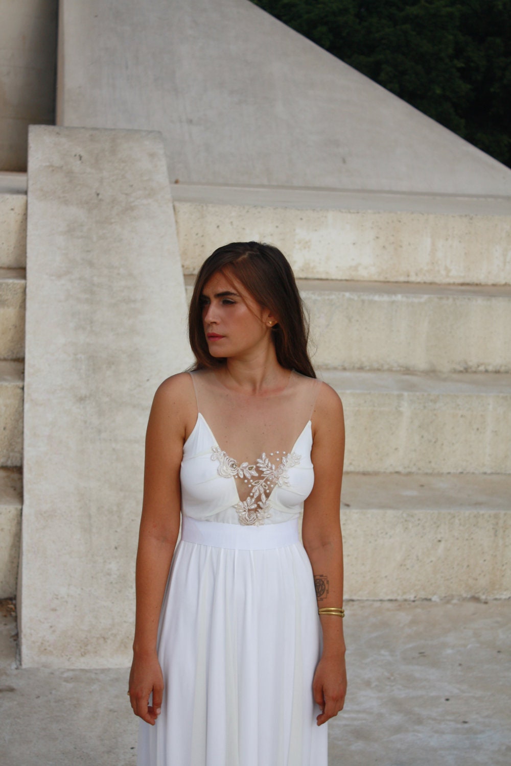 wedding dress deep  V neck  with embroidery & beads