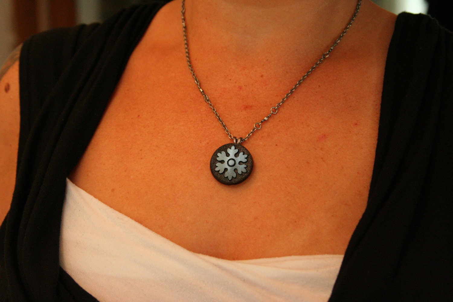 Snowflake Pendant Necklace - made with a black antique button