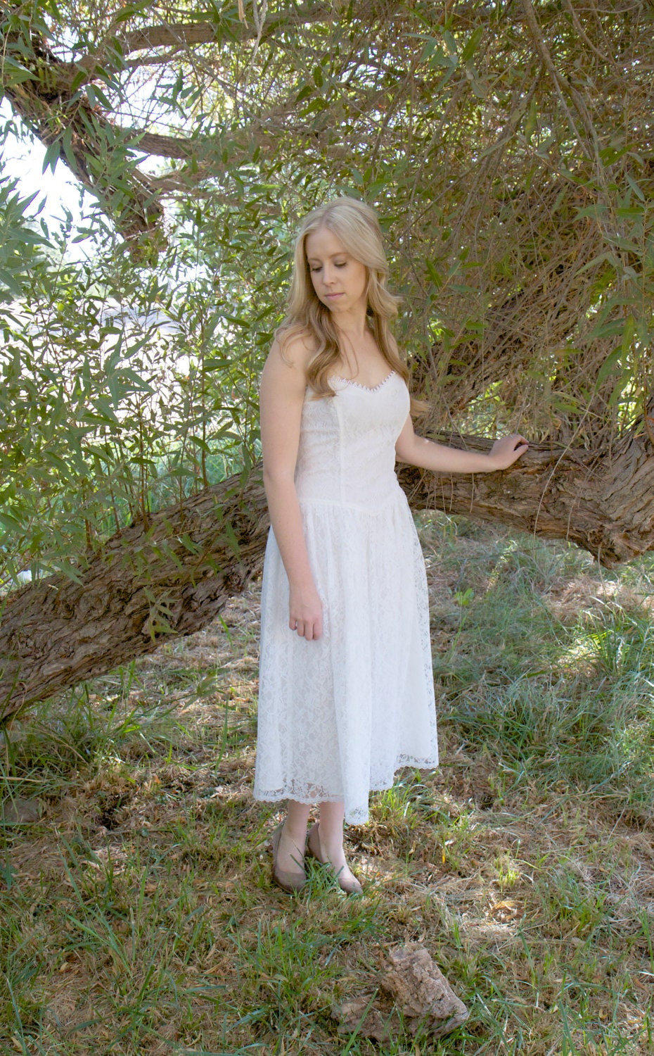 Bridal Shower Dresses White Lace Strapless Tea Length Vintage Dress - Tess