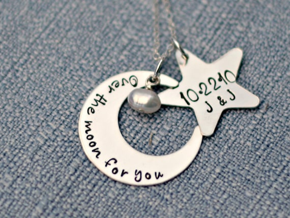 Hand Stamped Necklace - Personalized Sterling Silver Necklace - Over the Moon - Custom Jewelry by Three Little Pixies