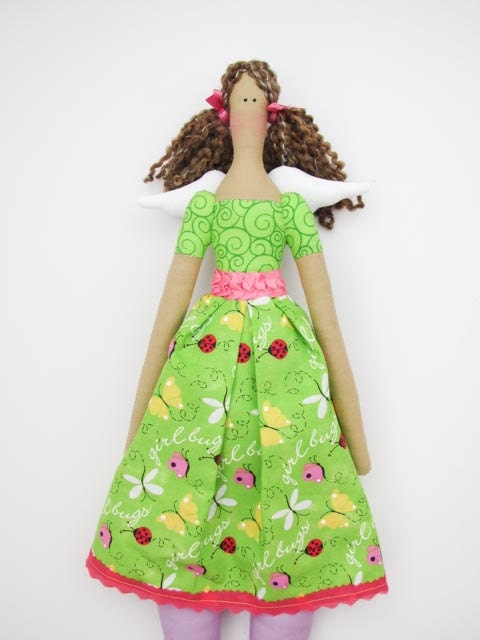 Cloth doll Angel brown hair art doll green cute dress fabric doll  rag doll handmade stuffed doll - gift idea for girl and mom