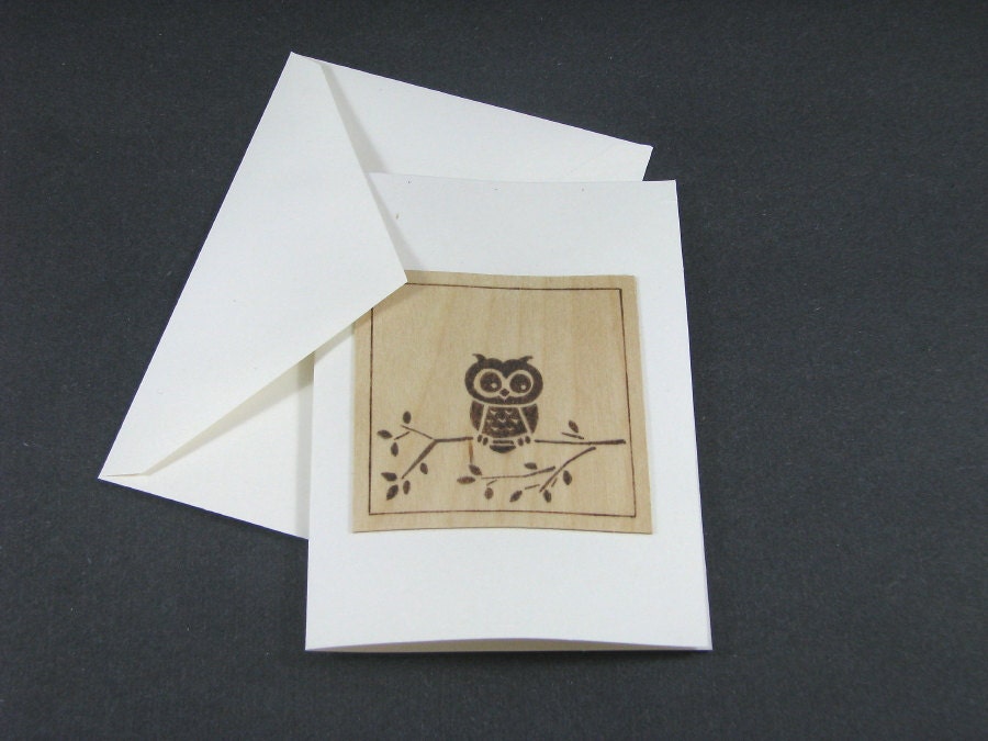 Blank Greeting Card - Wood Pyrography - Owl