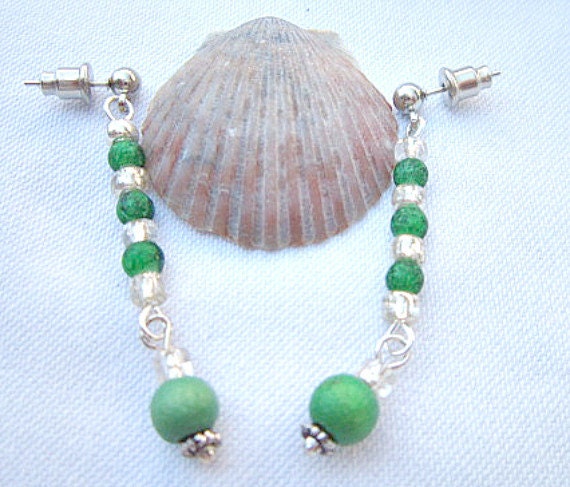 Green Dangle Earrings, Wood and Glass Beads with Silver Seed Beads  ID 266