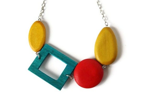 Colorful Wood Necklace in Teal, Mustard Yellow and Red, Fun Chunky Beaded Necklace, Geometric Jewelry
