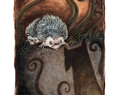Hedgehog Print, Tarot Card Art, Seven of Wands, 8x10 Wall Art, Badger Shadow, Animal Illustration