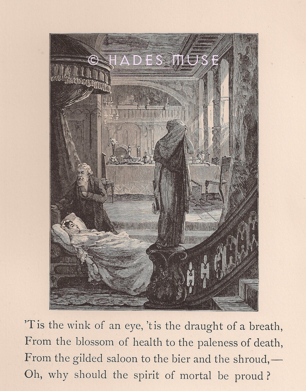 Paleness Of Death-Grief-Mourning-Last Breath-Funeral Bier-Shroud-Dying-Victorian-Poem-Poetry-1800's Antique Vintage Art Print-Gothic