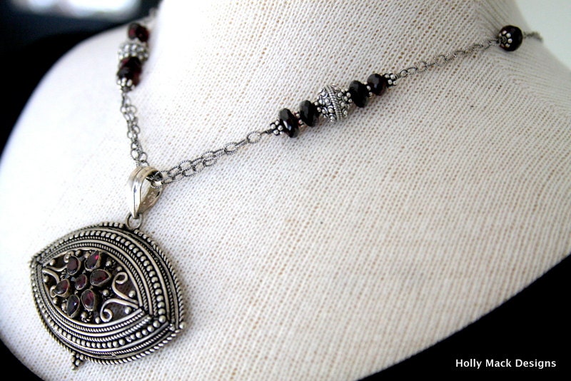 Vintage sterling silver and garnet pendant, sterling silver oxidized chain, wire wrapped garnets with sterling silver beads