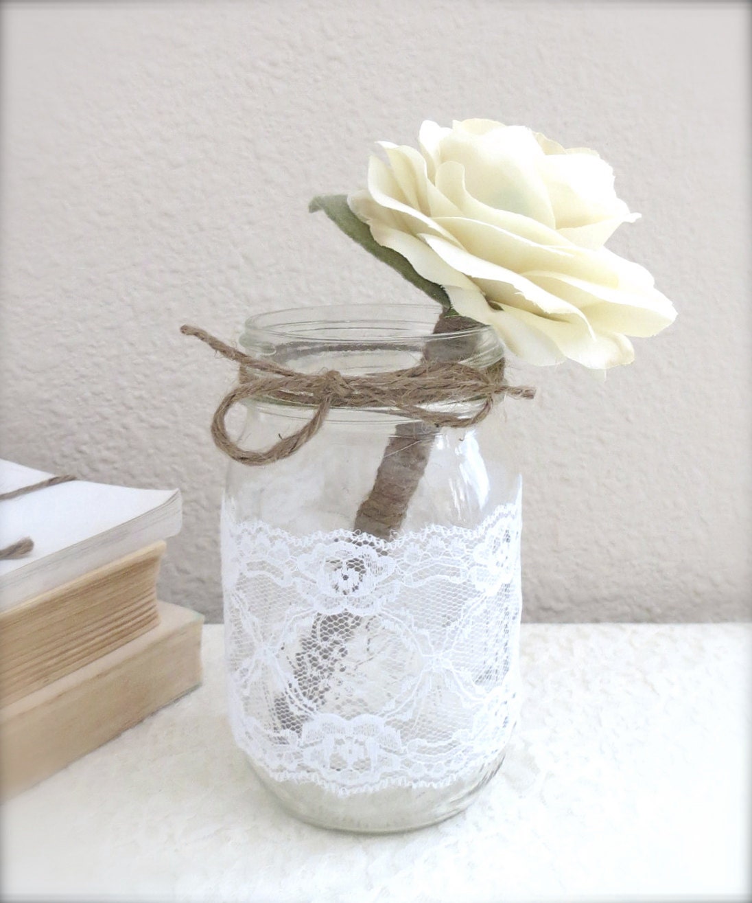 Madison Flower Pen with Scalloped Lace Mason Jar - Weddings, Gifts under 25, Lace, Romantic, Modern, Rustic, Woodland