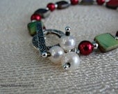 Christmas Red and Green Glass Girl's or Small Woman's Bracelet with White Pearl Dangles, One of a Kind