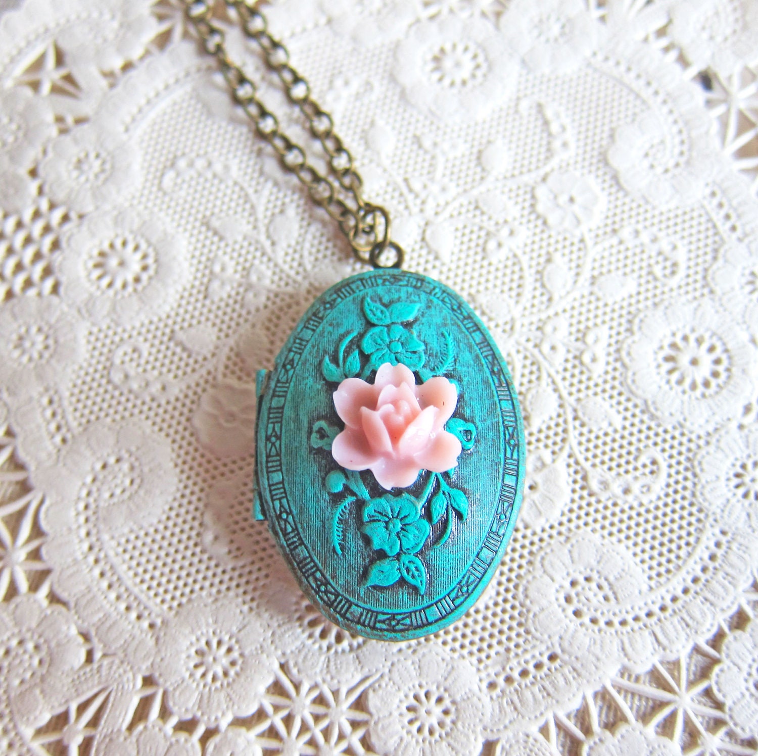 Patina Locket Necklace - Turquoise Aqua Teal Mint and Pink Flower LOTR Vintage Style Locket Necklace