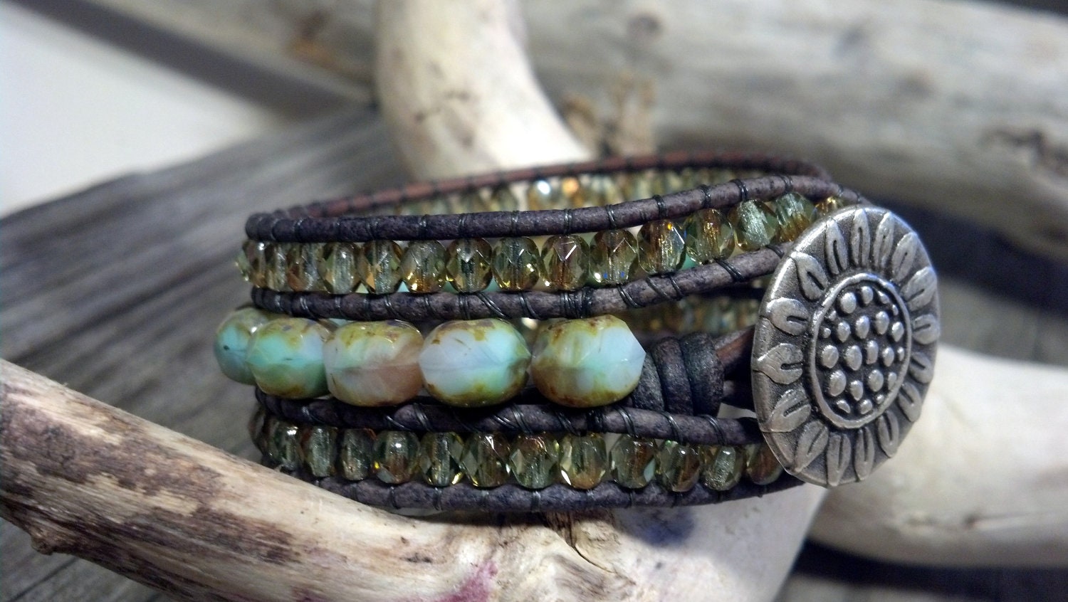 Leather Cuff Bracelet, Pastel Picasso Cuff, Leather Wrap Bracelet, Shabby Chic, Boho, Mothers Day Gift