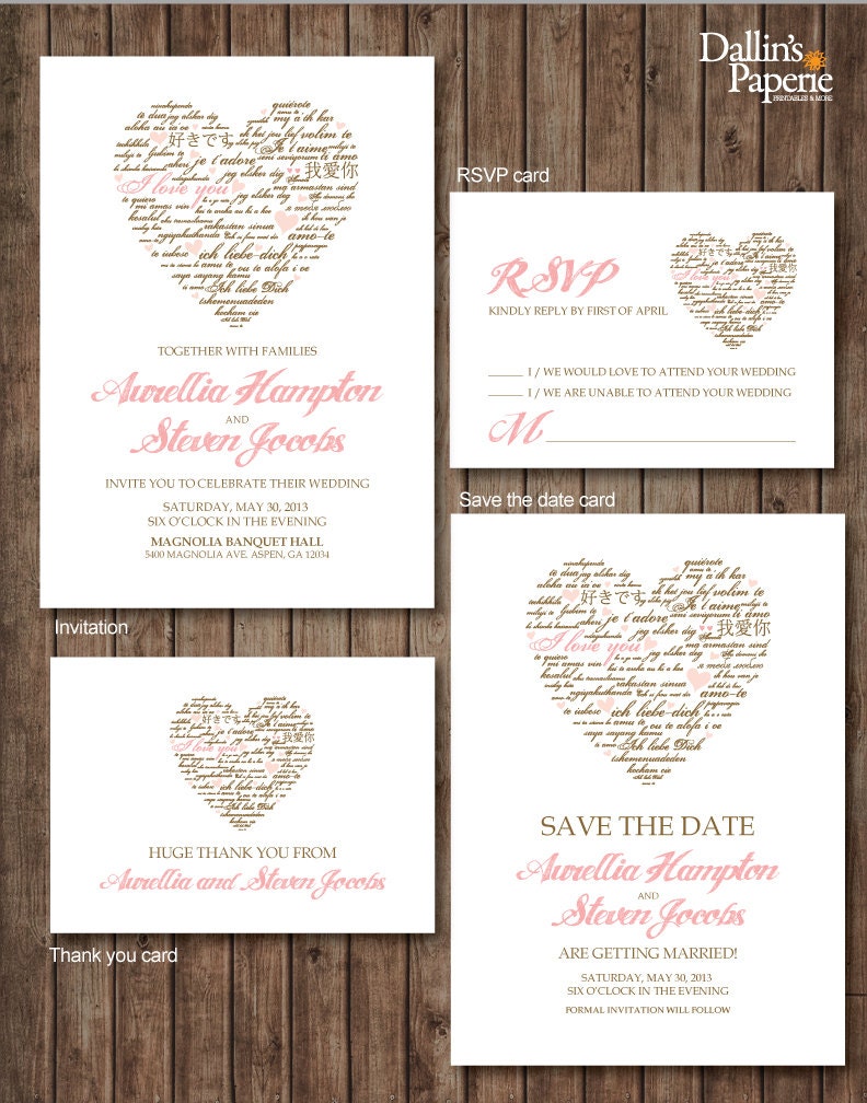 Pink Brown Heart, Wedding Invitation printables, Customized DIY, Thank you card, Save the date, RSVP