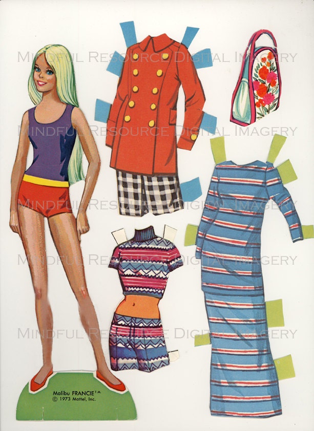 Printable Paperdoll Vintage Fashion Paper Doll Malibu Francie 1973 w/ 25 Dress Ensembles -Digital Download Sheets Scanned from Originals