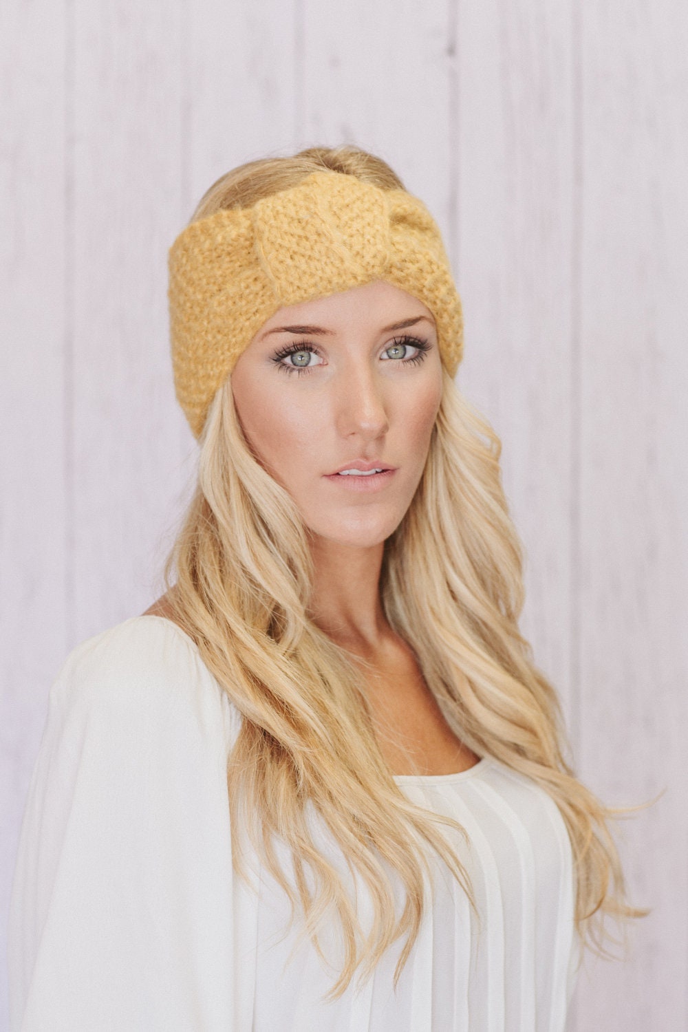 Mustard Knitted Knotted Mohair Ear Warmer Headband - Knot Just Any Ear Warmer in Mustard