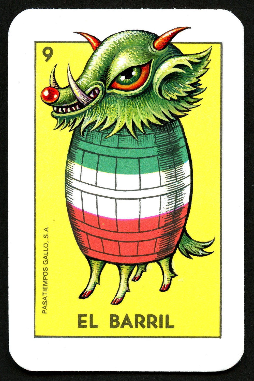 El Curiosidad-- Archival Print of altered Loteria card, El Barril, monster, acrylic, painting, Curious Art