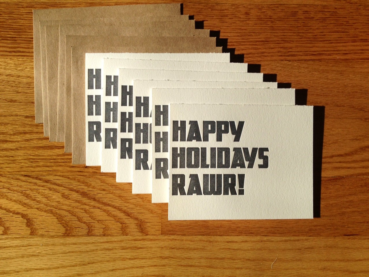 SET OF 6 letterpress Holiday Cards, Happy Holidays RAWR , grey, rock