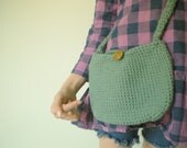 Crochet Purse with Long Strap and Vintage Button - Sage Green with World War II Gold Button - Small Clutch Style with Shoulder Strap