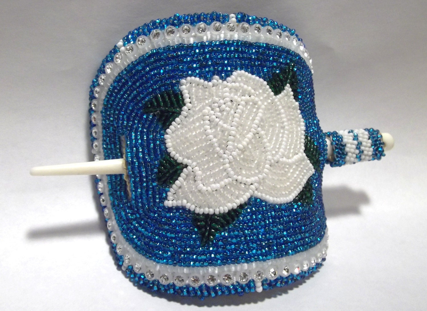 Native Made Hand Beaded Barette with Beaded Bone Stick