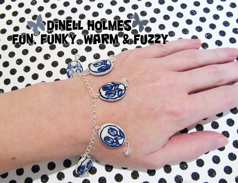CLEARANCE SALE Blue Porcelain Tulips Charm Bracelet Shabby Chic  Easter Spring Flowers Handmade Jewelry