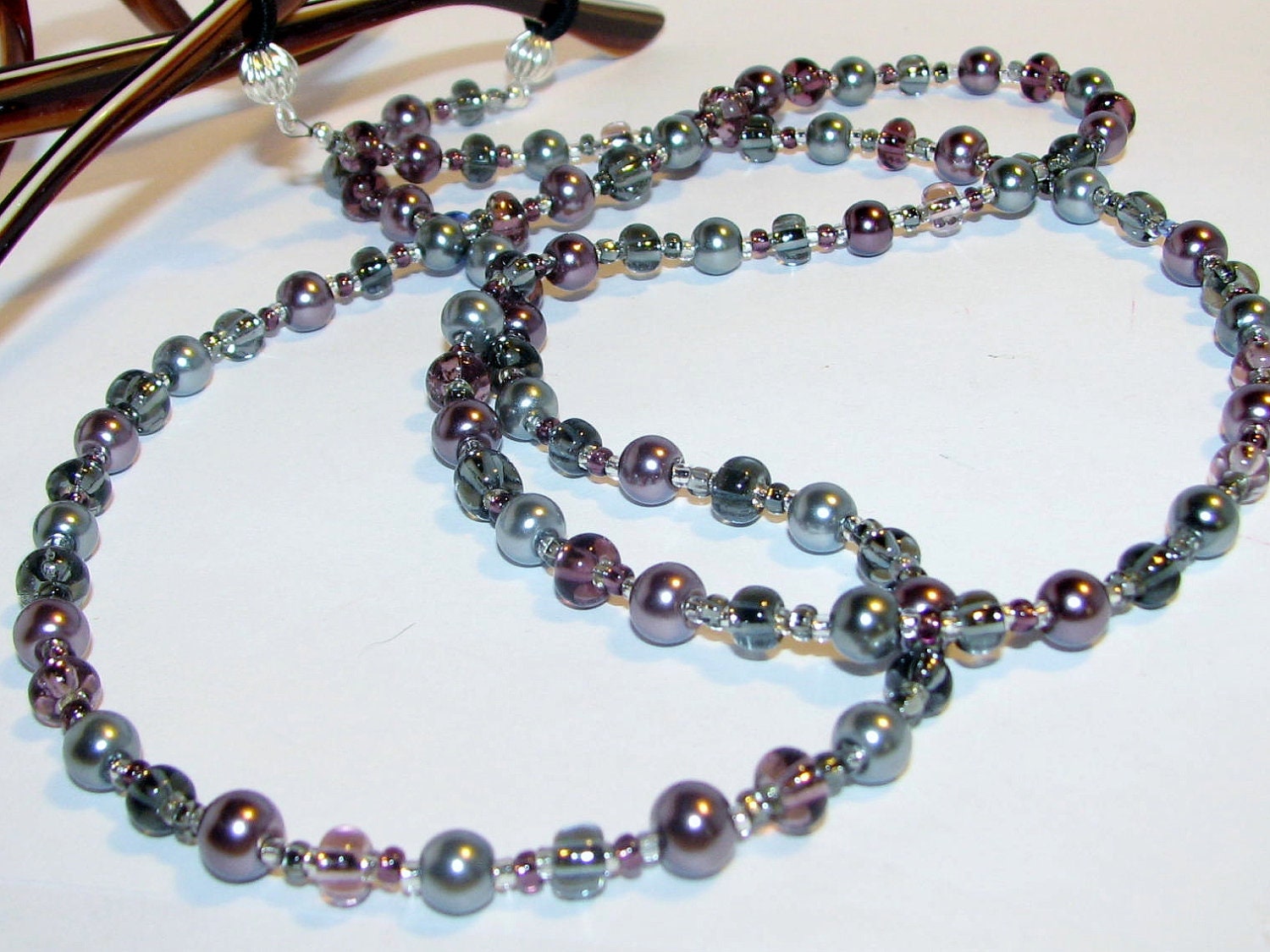 Shades of Gray and Purple Pearls Beaded Eyeglass Chain Office ID Badge Lanyard eyeglass lanyard id eyeglasses chain holder
