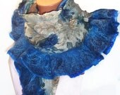 Nunofelted shawl   with 3d flowers, blue scarf, eco friendly, hand crafted, OOAK,gift for her, under 50