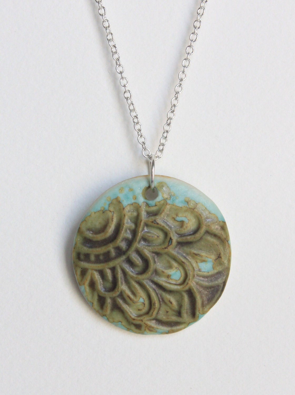 Round Porcelain Ceramic Pendant Necklace with Stamped Design in Green and Brown Glaze OOAK