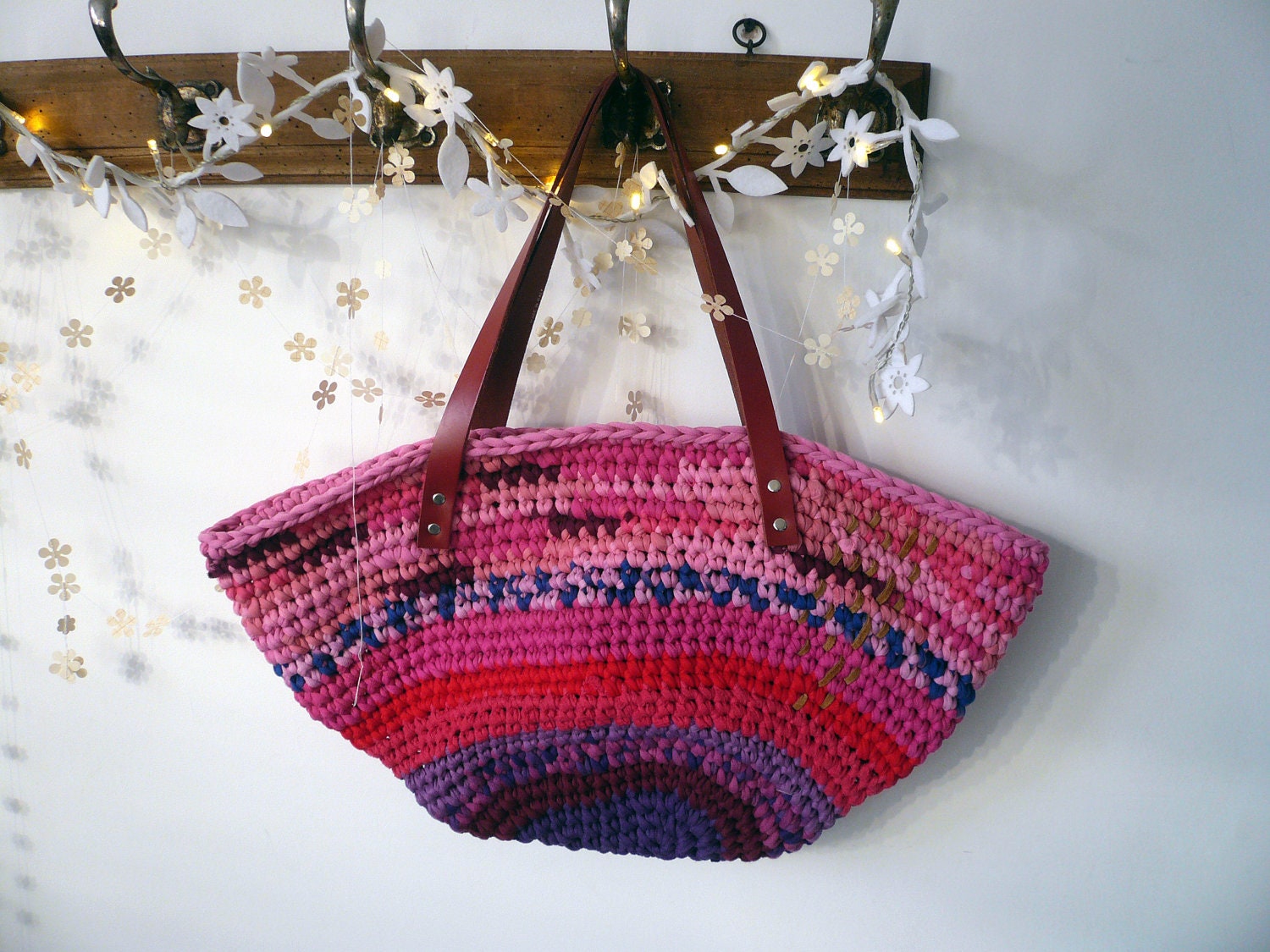 Market BASKET / BAG - recycled crocheted embroided pink basket
