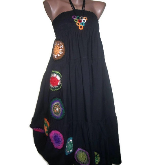 Boho Gypsy Skirt Dress, Crochet Long Skirt, Boho Cotton Skirt, Crochet Necklace Gift, Colourful Skirt Dress, Boho Dress, OOAK