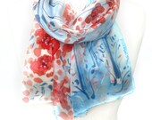 Hand Painted Silk Scarf. Floral Scarf. Red Blue Shawl. Echarpe Foulard Soie. Gift for Her.10x60 in. (25x150 cm). Ready to Ship.