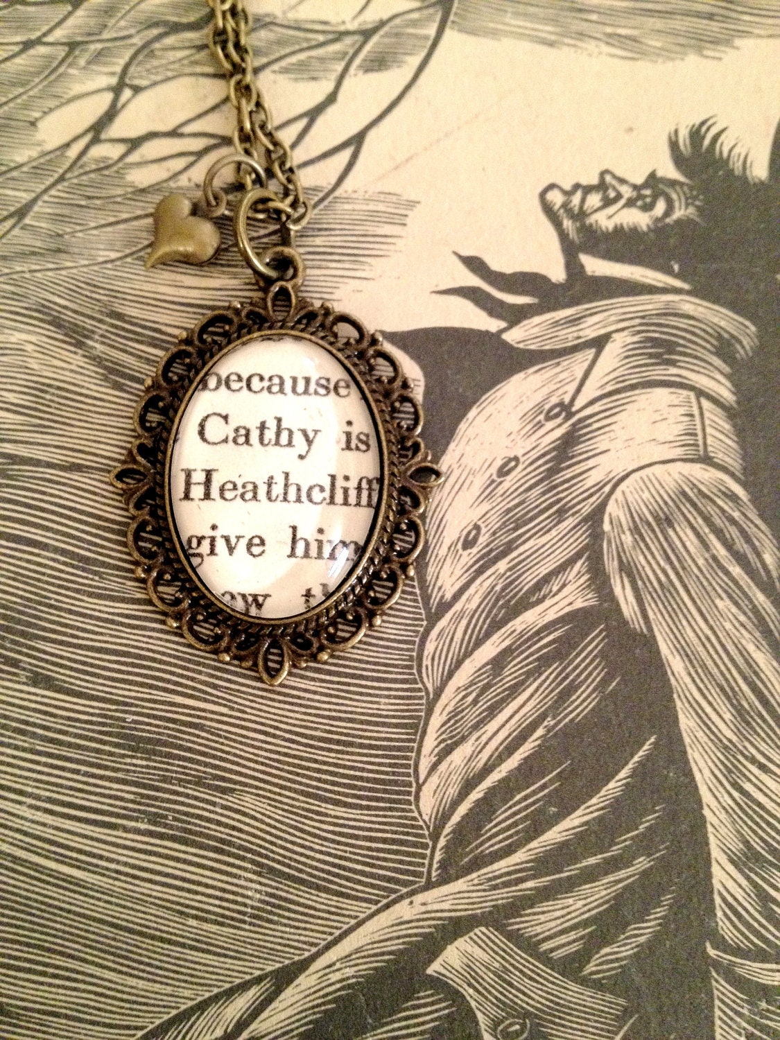 Catherine Earnshaw and Heathcliff from Wuthering Heights Emily Bronte Antique Bronze Book Page Literature Necklace