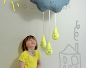CLOUD & RAINDROPS MOBILE Grey Cloud with Pastel Lemon Yellow Raindrops - baby shower