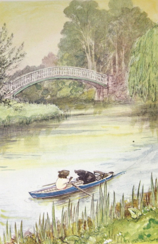 Vintage 1959 Childrens Book Page Illustration, Animal Friends Rowing Down River in a Canoe, Mole and Mouse