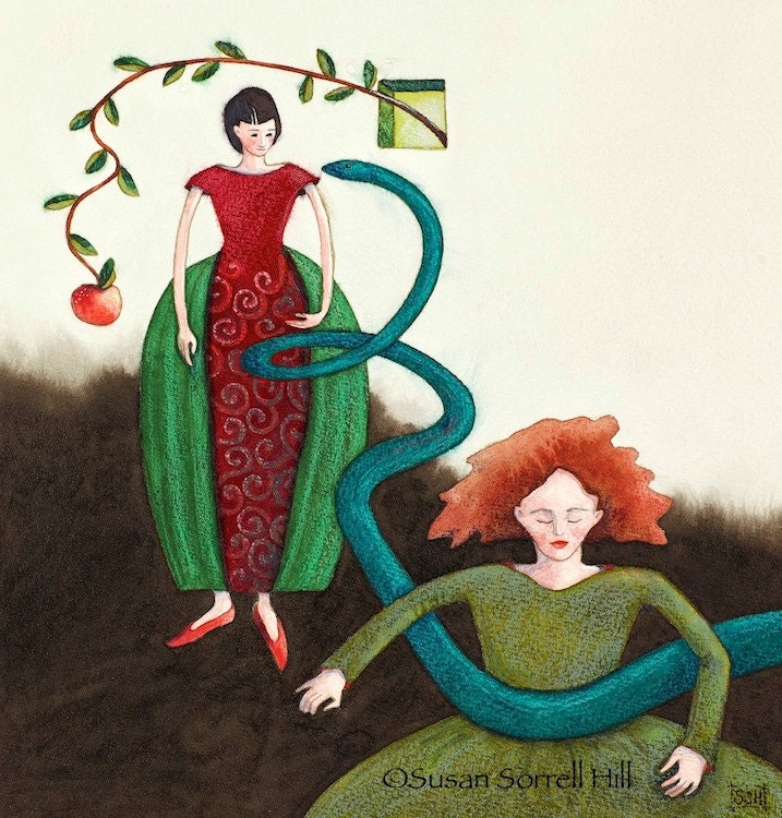 The Apple And The Snake watercolor original painting fairytale art eve Susan Sorrell Hill