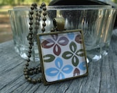 Blue, Brown, Green Flowers Glass Tile Pendant