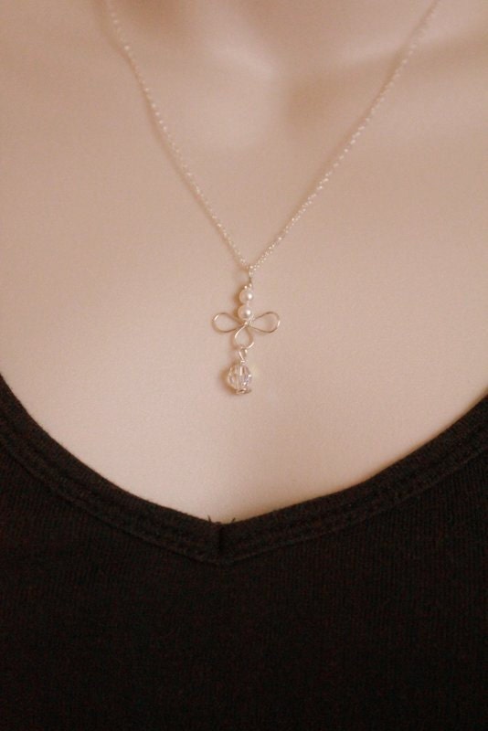 Sterling Silver Pendant with Chain Cross Wire wrapped pearl Swarovski White Handmade Minimalist Jewelry Luxe Style