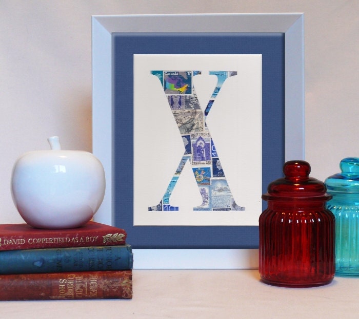 Blue letter, ANY letter, Original personalized art, baby boy gift, nursery decor, christening ,birthday present, made from postage stamps