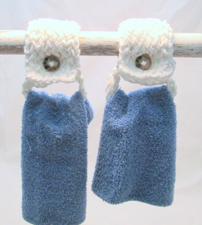Two Handmade White Cotton Kitchen Bath Dish Towel Holders Knit Set of 2