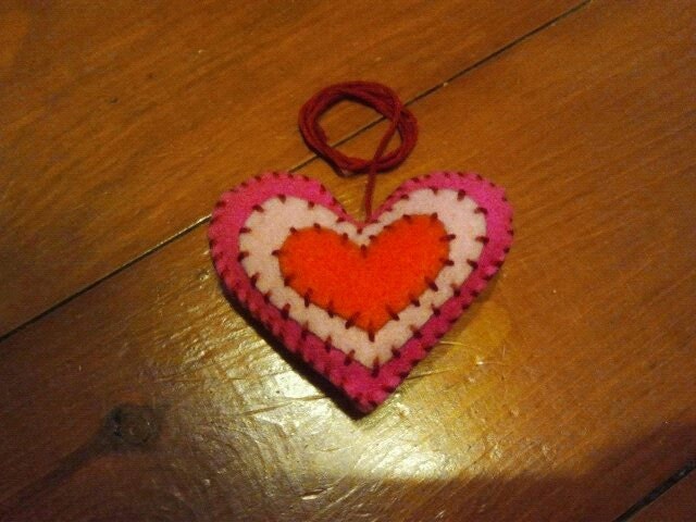 Handmade Felt Heart Keyring - Pink and Orange
