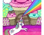 The Mythical Unicorn & Ice Cream Castle  8x10 Illustration Print