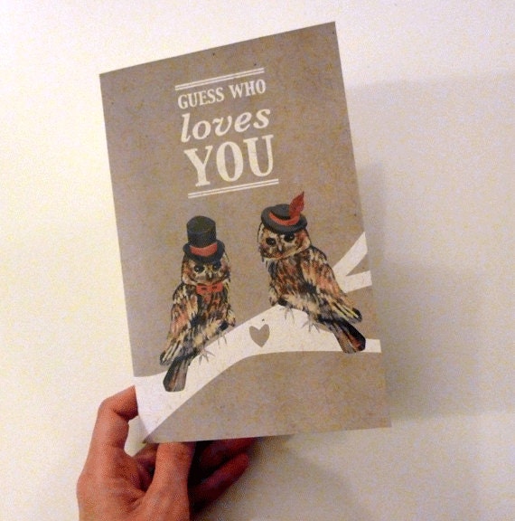 DIY Romantic Owl Love Card Printable PDF for  Anniversary, or I Love You, Woodland Animals, Brown, White, Red