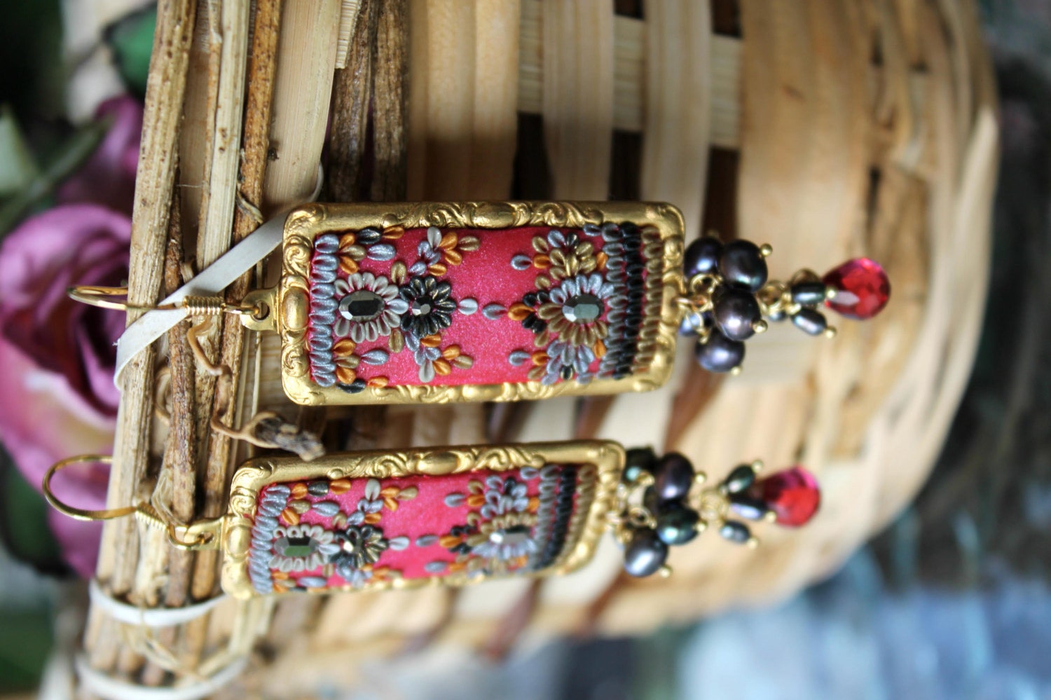Silvery red,gold,shades of grey Rubellite Quartz,freshwater peacock pearls gold earrings - vermeil and Vintage Brass - Rendevous at Sunset
