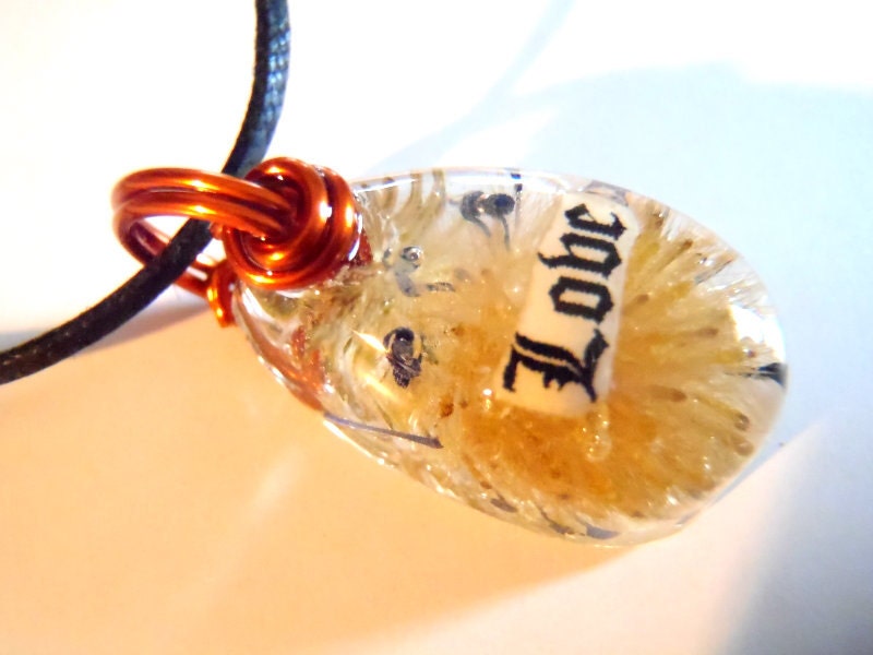 Love Purple Yellow Flower Pendant  Necklace Resin Nature Word Bohemian Jewelry Boho Amber Wire Whimsical Earth Forest Unique