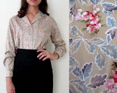 Vintage SEA FLORAL Taupe Blouse M/L